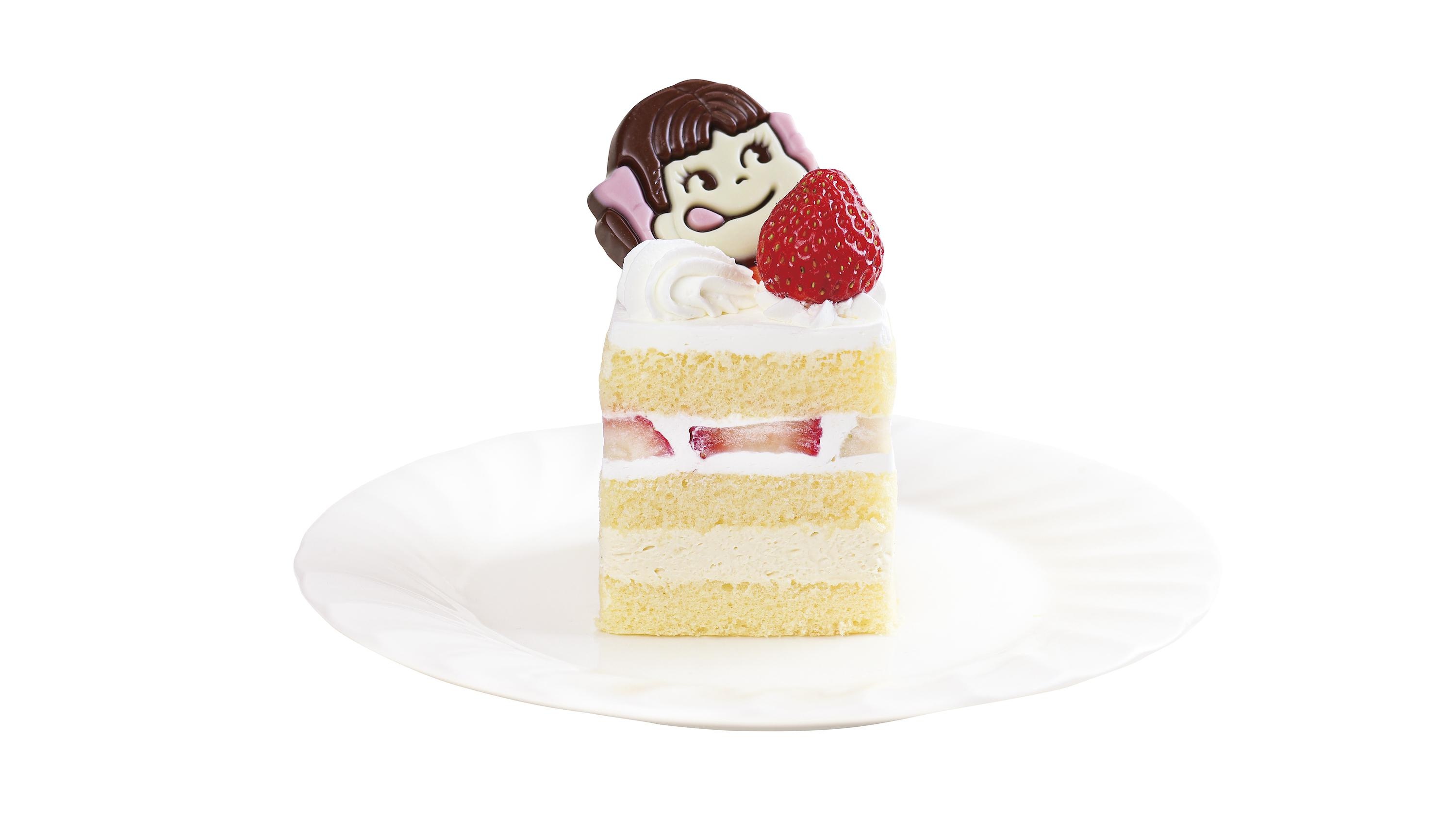 「ショートケーキ12の物語」で9月22日から9月30日(金)まで限定販売される「ペコちゃんからの贈り物」。ペコちゃんの顔は写真ものともう1種類ある