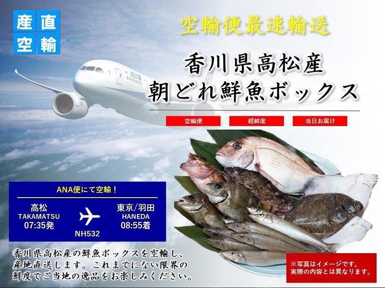 第一弾の「きょう着く空便」は香川県の高松空港から朝どれ鮮魚ボックス