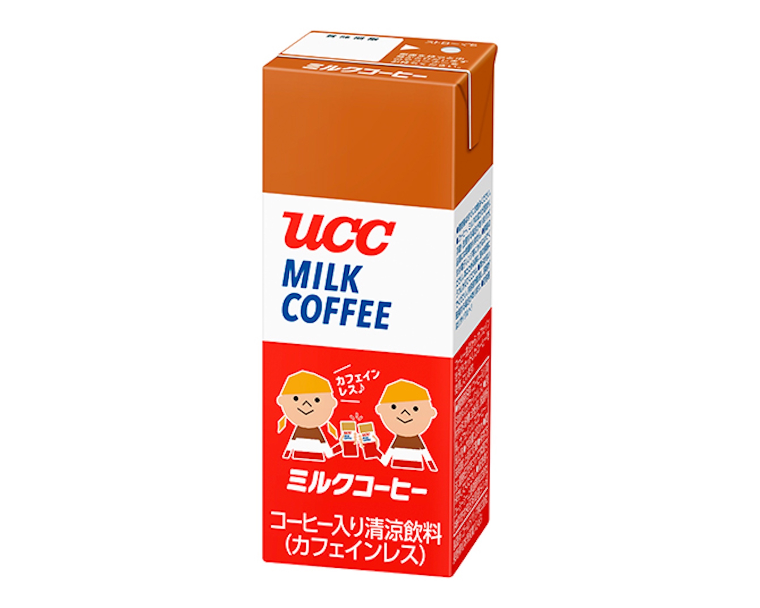 「ミルクコーヒー 紙パック200ml」(カフェインレスコーヒー100%)。子どもたちにもなじみやすい、かわいらしい商品パッケージに