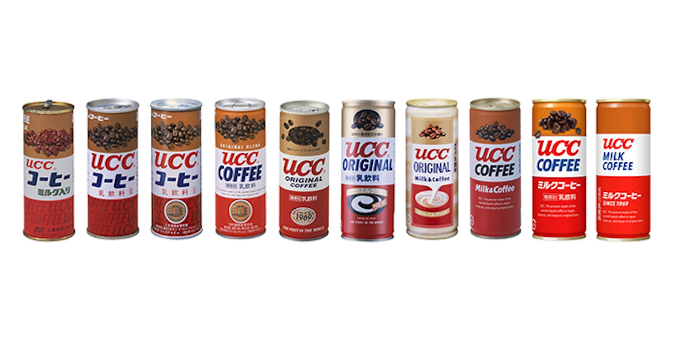ミルクコーヒーの歴代パッケージ(初代〜10代目まで)。2019年には「茶・白・赤」の3色の商標登録。色彩のみからなる商標の登録は食品業界初だという