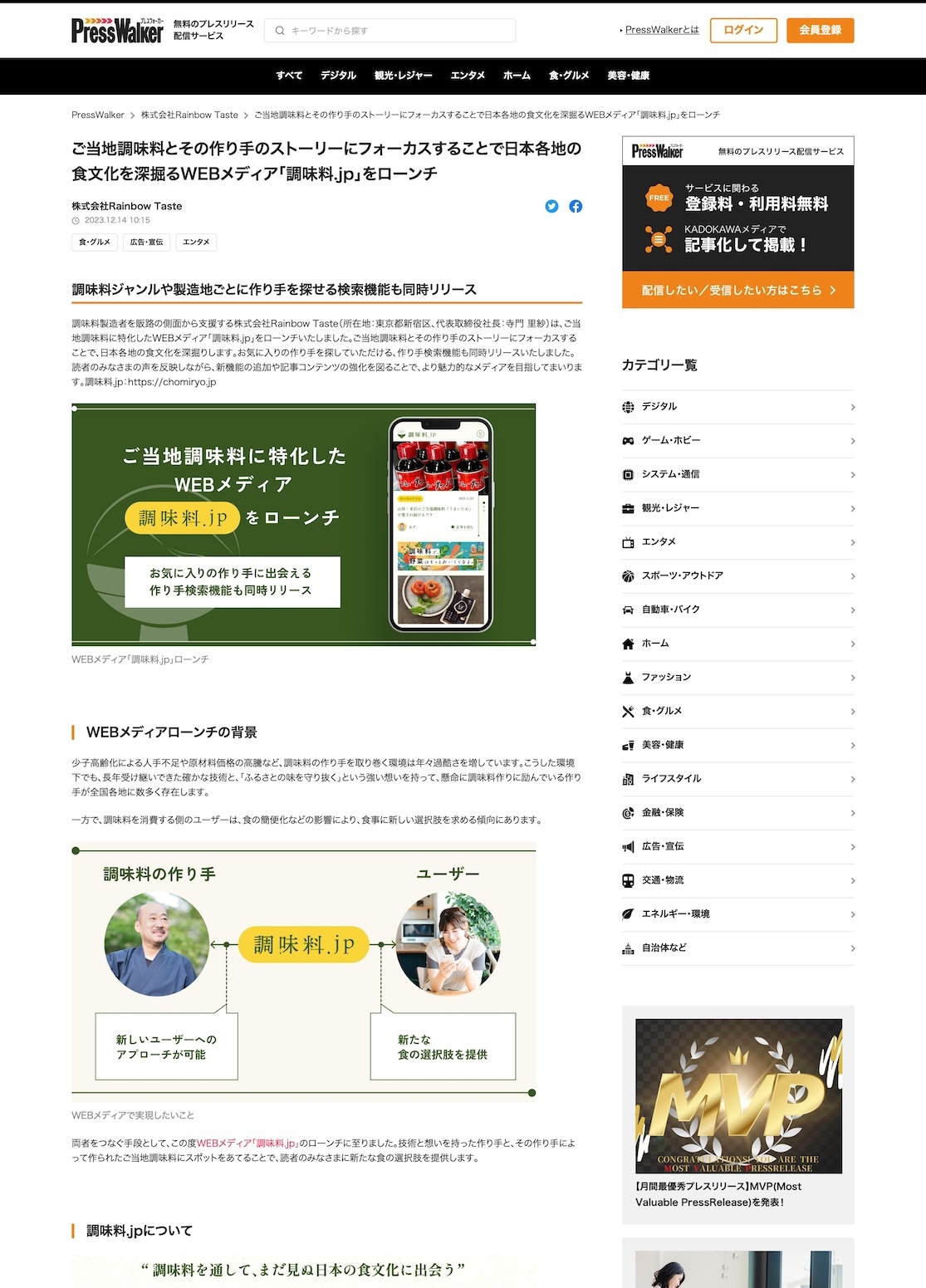 ご当地調味料とその作り手のストーリーにフォーカスすることで日本各地の食文化を深掘るWEBメディア「調味料.jp」をローンチ｜PressWalker